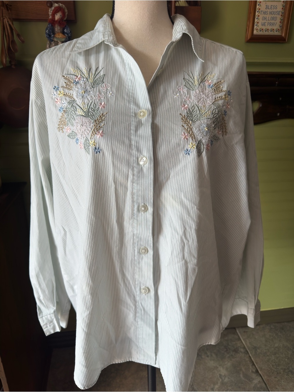 Koret Francisca Vintage Embroidered Light Blue Stripe Men's Button-Up Shirt